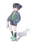  1girl bag black_hair black_shorts black_socks full_body green_footwear green_shirt grey_jacket hair_between_eyes hand_in_pocket holding holding_bag jacket milime_tol mitsuya_yuki odd_taxi shadow shirt short_twintails shorts socks solo standing twintails 