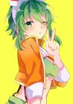  1girl :o breasts from_side goggles goggles_on_head green_eyes green_hair green_skirt green_tube_top gumi gumi_(v3_megpoid) hand_up highres jacket light_blush looking_at_viewer medium_breasts midriff one_eye_closed open_mouth orange_jacket red_goggles short_hair sidelocks simple_background skirt solo strapless suspender_skirt suspenders tube_top underboob upper_body v vocaloid yellow_background yuruno 