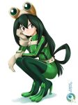  1girl absurdres artist_name asui_tsuyu belt bodysuit boku_no_hero_academia breasts bright_pupils brown_eyes eyelashes gloves goggles goggles_on_head green_bodysuit hair_between_eyes hair_rings high_heels highres long_hair medium_breasts orcaleon smile solo squatting white_background white_belt white_gloves white_pupils 