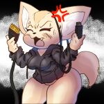  aggretsuko angry anthro apsel_bluestar big_breasts breasts cables canid canine clothed clothing female fennec fenneko fox jacket mammal no_underwear sanrio short_stack simple_background solo tail thick_thighs topwear wide_hips 