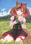  1girl absurdres animal_ears black_dress blue_sky boots bow brown_eyes brown_footwear brown_hair buttons cdsola cloud cloudy_sky double-breasted dress ear_covers grass highres horse_ears horse_girl juliet_sleeves long_sleeves looking_at_viewer medium_hair multicolored_hair nice_nature_(umamusume) on_ground open_mouth outdoors puffy_sleeves red_hair sitting sky smile solo streaked_hair striped striped_bow thigh_strap umamusume wariza 