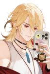  1boy black_choker black_nails blonde_hair cellphone choker genshin_impact highres jacket jewelry kaveh_(genshin_impact) long_hair male_focus masa_ashe necklace phone red_eyes selfie simple_background smartphone smile solo tank_top upper_body white_background white_tank_top 