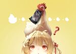  1girl ? absurdres ahoge animal_on_head beak_hold bird blonde_hair chicken feathers hair_ornament highres hololive mouth_hold musical_note musical_note_hair_ornament on_head otonose_kanade pparus red_eyes triangle_mouth virtual_youtuber yellow_background 