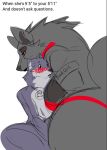  anthro armband blush blush_lines bodily_fluids breasts canid canine canis collar djpuppeh domestic_dog duo female fur husky larger_female lips male mammal nordic_sled_dog open_mouth red_eyes size_difference spitz sweat sweatdrop tag text wolf 