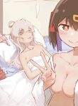  2girls after_sex ahoge bed black_hair blank_eyes blush breasts bright_pupils closed_mouth collarbone commentary fucked_silly genderswap genderswap_(mtf) giving_up_the_ghost guy_tired_after_sex_(meme) hair_ornament hair_ribbon highres implied_incest large_breasts long_hair lying meme multiple_girls no_bra on_back on_bed onii-chan_wa_oshimai! orange_eyes oyama_mahiro oyama_mihari panties panties_removed pillow pink_hair ribbon selfie siblings sisters smug split_mouth sunken_cheeks symbol-only_commentary underwear v yituonongtang yuri 