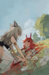  2girls :d absurdres animal_ear_fluff animal_ears arknights bare_shoulders black_shirt blue_sky blush closed_eyes day dress fox_ears frostleaf_(arknights) grey_hair hand_on_own_stomach highres horns knees_up long_hair looking_at_another lying multiple_girls on_back on_grass on_ground oripathy_lesion_(arknights) outdoors parted_lips pointy_ears red_eyes red_hair shirt sky sleeveless sleeveless_dress sleeveless_shirt smile sundress togekk0 very_long_hair vigna_(arknights) white_dress yuri 