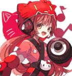  1girl :d animal_helmet arm_cannon blunt_bangs bodysuit brown_eyes commentary eighth_note flat_chest happi headphones hello_kitty hello_kitty_(character) helmet japanese_clothes kaho_0102 kimono long_hair looking_at_viewer musical_note nekomura_iroha open_mouth petite pink_hair pink_kimono ponytail red_headwear red_theme sanrio sideways_glance skinny smile solo speaker star_(symbol) star_print very_long_hair vocaloid weapon 