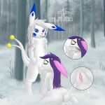  anthro blue_cheeks blue_ears blue_eyes bodily_fluids cum cum_drip cum_in_mouth cum_in_pussy cum_inside cum_on_pussy deep_throat drinking drinking_cum dripping duo erection fellatio female fog foggy_background forest forest_background fur genital_fluids genitals grey_hair hair hi_res kneeling lagomorph male male/female mammal melee_weapon nature nature_background navel oral penile penis pink_ears plant purple_hair pussy sex shivaa_snow silavos silavos_snow smile snow sucking sword tail tree watermark weapon white_body white_fur x-ray_vision 