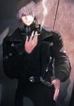  1boy armored_core armored_core_6 character_request cigarette cowboy_shot highres holding holding_cigarette jacket jun_(navigavi) large_hands leather leather_jacket leather_pants light_brown_hair looking_at_viewer male_focus pants purple_eyes scar scar_on_hand short_hair smile solo 
