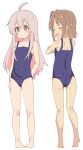  2girls :d ahoge bare_arms bare_legs bare_shoulders barefoot blue_one-piece_swimsuit blush_stickers brown_eyes brown_hair closed_eyes commentary covered_navel fang flat_chest full_body grey_hair hair_between_eyes hair_intakes highres long_hair multicolored_hair multiple_girls oka_asahi old_school_swimsuit one-piece_swimsuit onii-chan_wa_oshimai! open_mouth orange_hair oyama_mahiro pink_hair s10021 school_swimsuit short_hair simple_background smile standing swimsuit two-tone_hair two_side_up very_long_hair white_background 