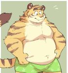  2023 anthro belly big_belly clothing felid ginnosuke hi_res humanoid_hands kemono male mammal moobs overweight overweight_male pantherine simple_background solo tiger underwear 