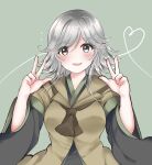  1girl absurdres ascot black_kimono breasts brown_ascot brown_coat coat commentary_request genderswap genderswap_(otf) green_background grey_eyes grey_hair hands_up heart heart_of_string highres houlen_yabusame japanese_clothes kimono large_breasts layered_sleeves len&#039;en long_sleeves looking_at_viewer open_mouth ougi_hina short_hair_with_long_locks short_over_long_sleeves short_sleeves simple_background smile solo upper_body 