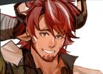  1boy animal_ears arknights beard cow_boy cow_ears cow_horns facial_hair goatee hand_on_own_neck highres horns humus_(arknights) male_focus multicolored_hair mutton_chops portrait qiuhai_(xiaotaiyang167) red_hair short_hair sideburns sketch smile solo streaked_hair 