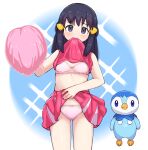  1girl black_hair blush bra cheerleader clothes_in_mouth clothes_lift commentary_request dawn_(pokemon) eyelashes grey_eyes hair_ornament hairclip hand_up highres holding holding_pom_poms kutabireta_neko lifted_by_self long_hair looking_at_viewer mouth_hold panties pink_shirt pink_skirt piplup pokemon pokemon_(anime) pokemon_(creature) pokemon_dppt_(anime) pom_pom_(cheerleading) shirt shirt_in_mouth shirt_lift sidelocks skirt skirt_lift underwear 