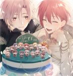  2boys aiue_o_eiua black_jacket cake cloak closed_eyes closed_mouth food fur-trimmed_jacket fur_trim head_rest highres hood hood_down idolish7 inumaru_toma isumi_haruka izumi_iori izumi_mitsuki jacket jewelry kujou_tenn male_focus mido_torao momo_(idolish7) multiple_boys nanase_riku natsume_minami nikaido_yamato open_mouth osaka_sougo pink_eyes pink_hair red_hair ring rokuya_nagi siblings smile tsunashi_ryuunosuke twins white_background white_cloak yaotome_gaku yotsuba_tamaki yuki_(idolish7) 