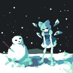  1girl 4qw5 barefoot black_eyes blue_dress blue_ribbon cirno collared_dress dress hair_ribbon ice ice_wings night night_sky pixel_art puffy_short_sleeves puffy_sleeves ribbon short_hair short_sleeves sky snow snowing snowman stick touhou wings 