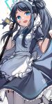  1girl :d absurdres aris_(blue_archive) aris_(maid)_(blue_archive) black_hair blue_archive blue_eyes garter_straps halo highres long_hair looking_at_viewer luzzi_(milllim) maid maid_headdress official_alternate_costume ponytail short_sleeves simple_background smile solo thighhighs white_background white_thighhighs 