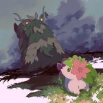  cloud cloudy_sky flower grass green_eyes highres leaf looking_at_another no_humans orange_eyes outdoors pink_flower pokemon pokemon_(creature) shaymin shaymin_(land) sky v_(govvvvw) wo-chien 