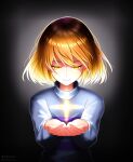  1other androgynous artist_name black_background blue_sweater bob_cut brown_hair closed_mouth commentary constricted_pupils dark double_horizontal_stripe eyelashes floating floating_hair floating_object frisk_(undertale) glowing glowing_eyes gradient_background grey_background hair_spread_out highres light_smile long_sleeves looking_at_object looking_down loose_hair_strand narrowed_eyes own_hands_together peaceful purple_sweater reaching reaching_towards_viewer shaded_face short_hair signature smile solo sparkle standing sweater turtleneck turtleneck_sweater twitter_username two-tone_sweater undertale yellow_eyes yuupontan. 