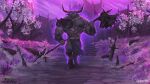  absurd_res armor black_body bottomwear bovid bovine cattle clothing corruption dawn_of_corruption glowing glowing_eyes hi_res holding_axe hooves horn loincloth male mammal nipples purple_background purple_eyes simple_background voidlesky 