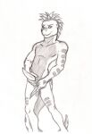  2014 anthro cheetahlover confident erection furx_(character) genitals greyscale hi_res holding_penis lizard male monochrome nude penis reptile scalie simple_background smile solo standing traditional_media_(artwork) white_background 
