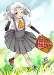  1girl ascot basket black_socks blue_eyes blush cloud dated day grass holding holding_basket kagesaki_yuna kantai_collection medium_hair natsugumo_(kancolle) one_eye_closed open_mouth orange_ascot outdoors shirt shoes signature skirt sky socks solo suspender_skirt suspenders white_hair white_shirt 