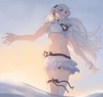  1girl anklet bikini bikini_skirt black_bow bow breasts cleavage corrin_(female)_(fire_emblem) corrin_(female)_(summer)_(fire_emblem) corrin_(fire_emblem) d0o00o0b fire_emblem fire_emblem_fates fire_emblem_heroes flower flower_necklace front-tie_top hair_flower hair_ornament hairband jewelry long_hair looking_to_the_side microskirt navel official_alternate_costume partially_submerged pointy_ears red_eyes skirt smile solo swimsuit thigh_strap white_bikini white_hair 