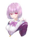 1girl :p absurdres blush bow breasts commentary_request dress_shirt eyelashes eyes_visible_through_hair gridman_universe hair_between_eyes hand_up highres jacket large_breasts light_purple_hair looking_at_viewer off_shoulder pink_bow purple_jacket red_eyes shinjou_akane shirt short_hair simple_background sleeves_past_wrists smirk solo ssss.gridman straight_hair tongue tongue_out upper_body white_background white_shirt zuzuhashi 