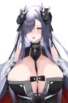  1girl august_von_parseval_(azur_lane) azur_lane bare_shoulders between_breasts black_dress black_horns blue_eyes blush breasts cleavage clothing_cutout cross cross-laced_clothes cross-laced_dress curled_horns dress gloves grey_hair hair_over_one_eye highres horns huge_breasts iron_cross leash leash_between_breasts long_hair mechanical_horns non_(noahtan) one_eye_covered open_mouth simple_background solo strap_between_breasts sweat translation_request underboob_cutout white_background white_gloves 