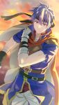  1boy bandaged_arm bandages belt black_gloves black_headband blue_eyes blue_hair blurry blurry_background cape closed_mouth cloud day fire_emblem fire_emblem:_path_of_radiance gauntlets gloves hair_between_eyes headband highres ike_(fire_emblem) looking_at_viewer male_focus outdoors pants sephikowa sky solo torn_clothes 