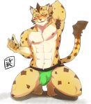  abs absurd_res anthro armpit_hair blush body_hair bulge connersublow crouching felid fur hi_res leopard lifewonders male mammal muscular muscular_anthro muscular_male nipples ose_(tas) pantherine pecs raised_arms solo spots spotted_body spotted_fur tokyo_afterschool_summoners yellow_body yellow_fur 