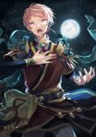  1boy absurdres blue_eyes commentary_request ensemble_stars! fingernails full_moon hand_on_own_chest hand_up headset highres itsuki_shu layered_sleeves long_sleeves looking_at_viewer male_focus moon night night_sky official_alternate_costume open_mouth pink_hair short_bangs short_hair short_over_long_sleeves short_sleeves sky solo star_(sky) starry_sky teeth wednesday_108 