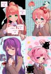  4girls absurdres blazer blood blood_splatter blue_eyes blush bow brown_hair chibi collared_shirt cow death doki_doki_literature_club food frown glitch green_eyes grin hair_bow hair_intakes hair_ornament hair_ribbon hairclip hand_on_own_chest hands_on_own_cheeks hands_on_own_face highres ice_cream jacket knife long_hair long_sleeves looking_at_viewer looking_to_the_side macaron monika_(doki_doki_literature_club) multiple_girls natsuki_(doki_doki_literature_club) neck_ribbon noose open_mouth pink_eyes pink_hair ponytail purple_eyes purple_hair ribbon sayori_(doki_doki_literature_club) school_uniform shirt short_hair smile suicide two_side_up upper_body vomiting wrapped_candy yuiitsu yuri_(doki_doki_literature_club) 