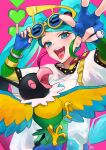  1girl absurdres adjusting_eyewear bird blue_gloves bossan_3310 bracelet chatot commentary_request crossover eyelashes fingerless_gloves gloves green_eyes green_hair hatsune_miku heart highres jewelry long_hair open_mouth pink_background pokemon pokemon_(creature) project_voltage shirt short_sleeves sunglasses teeth tongue tongue_out twintails upper_teeth_only vocaloid w white_shirt yellow-framed_eyewear 