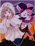  1girl alternate_costume black_headwear black_thighhighs border bow breasts brown_hair cleavage danganronpa_(series) danganronpa_2:_goodbye_despair ear_bow eating flipped_hair food food-themed_hair_ornament galaga ghost_costume hair_ornament happy_halloween hat highres holding large_breasts medium_hair miniskirt monomi_(danganronpa) nanami_chiaki o_yo_yo orange_background pink_bow pink_eyes pink_footwear pleated_skirt pumpkin_hair_ornament red_skirt shiny_skin shoes skirt thighhighs white_border white_skirt witch_hat 