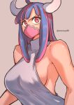  1girl ahoge alternate_costume aosora2823 blue_hair blush breasts brown_background commentary eyelashes glaring highres horns large_breasts long_hair looking_at_viewer mask mouth_mask multicolored_hair no_bra one_piece parted_bangs pink_eyes pink_hair pink_mask shirt sideboob simple_background sleeveless sleeveless_shirt solo turtleneck twitter_username two-tone_hair ulti_(one_piece) upper_body v-shaped_eyebrows white_shirt 