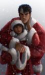  1boy 1girl aki_(akistrike) bangs berserk black_hair casca_(berserk) christmas dark-skinned_female dark_skin fur_trim guts_(berserk) hand_on_another&#039;s_arm hand_on_another&#039;s_cheek hand_on_another&#039;s_face hat highres looking_at_another one_eye_closed santa_costume santa_hat scar scar_on_face short_hair sidelocks smile snow twitter_username upper_body winter winter_clothes 