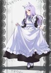  1girl absurdres alternate_costume animal_ears apron blue_eyes breasts closed_mouth clothes_lift enmaided full_body highres horse_ears long_hair looking_at_viewer maid maid_headdress mejiro_mcqueen_(umamusume) purple_eyes purple_hair simple_background skirt skirt_lift small_breasts solo standing tokiani umamusume white_background 