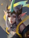  1girl bare_shoulders brown_eyes closed_mouth ditahsdoh earrings grey_hair highres horns immortal_journey_soraka jewelry league_of_legends long_hair multicolored_background red_lips single_horn smile solo soraka_(league_of_legends) upper_body 
