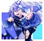  1031_ek 1boy absurdres blue_hair border cowlick earrings foreshortening gradient_hair hair_between_eyes happy highres holding holding_microphone holostars hood hoodie jewelry long_hair looking_at_viewer male_focus microphone minase_rio multicolored_hair multiple_rings music one_eye_closed open_mouth purple_eyes purple_hair purple_hoodie ring singing solo sparkle sweat teeth virtual_youtuber white_border 