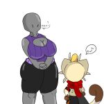  anthro armwear big_breasts bottomwear breasts clothing duo ellipsis emphatic_ellipsis female generation_1_pokemon grey_body humanoid lattemon male male/female meowth mouthless nintendo pants pokemon pokemon_(species) scarf simple_background size_difference tail white_background white_body 