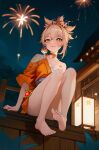  1girl absurdres bandages bare_legs barefoot blonde_hair blush breasts butterfly_choker chest_sarashi chest_tattoo choker cleavage closed_mouth collarbone feet fireworks flower_tattoo from_below genshin_impact hadanugi_dousa hair_between_eyes hair_ornament highres japanese_clothes kimono knees_up legs light_smile looking_to_the_side medium_breasts night orange_kimono outdoors red_choker red_eyes sarashi short_hair sidelocks sitting soles solo tattoo toenails toes topknot tsarev_d vision_(genshin_impact) yoimiya_(genshin_impact) 