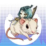  1girl animification apex_legends ash_(titanfall_2) black_eyes black_sclera chibi colored_sclera cracked_skin frown highres hood hood_up huo_jiu_jiaotou looking_at_viewer metal_skin mini_person minigirl mouse simulacrum_(titanfall) sitting sitting_on_animal solo sword weapon weapon_on_back yellow_eyes 