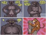  absurd_res age_difference anthro boomer_(nanoff) canid canine canis comic duo embarrassed embrace english_text erection felid foreskin genitals hi_res hug kissing male male/male mammal mature_male miles_(nanoff) musclegut muscular muscular_male nanoff pantherine penis side_view text tiger wolf 