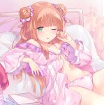  1girl babydoll bed blush breasts brown_hair cellphone cleavage d; e_(eokiba) green_eyes holding holding_phone kimagure_temptation lying navel on_back one_eye_closed panties phone pillow pink_babydoll pink_panties rosy_(kimaten) rubbing_eyes sack small_breasts smartphone solo underwear underwear_only 