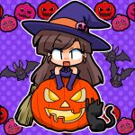  1girl bat_(animal) black_cat brown_hair cat chibi halloween halloween_costume happy hat jack-o&#039;-lantern kuonji_ukyou open_mouth pumpkin purple_background ranma_1/2 solo wanta_(futoshi) witch witch_hat 