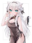  1girl animal_ear_fluff animal_ears aqua_eyes bare_arms bare_shoulders black_dress black_hairband blush breasts cat_ears cat_girl cat_tail china_dress chinese_clothes cleavage cleavage_cutout clothing_cutout commentary_request covered_navel double_bun dress grey_hair hair_between_eyes hair_bun hair_ornament hairband hairclip highres medium_breasts original ringouulu simple_background sleeveless sleeveless_dress solo tail tail_raised twitter_username watermark white_background 