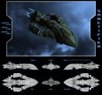  3d amarr_empire_(eve_online) battleship_(eve_online) commentary concept_art ebonnebula eve_online flying from_side glowing highres military_vehicle multiple_views no_humans original outdoors reference_sheet science_fiction spacecraft thrusters vehicle_focus 