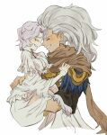  1boy 1girl aged_down blush brother_and_sister brown_scarf carrying carrying_person child cropped_torso dark_souls_(series) dark_souls_i dark_souls_iii facing_another from_side grey_hair grin highres long_hair long_sleeves nameless_king priscilla_the_crossbreed scarf short_sleeves siblings simple_background smile teeth upper_body white_background zunkome 