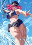  1girl abs blue_eyes buckle hat highres muscular muscular_female ocean official_alternate_costume pink_hair poison_(final_fight) short_hair street_fighter street_fighter_v swimsuit whip yagi2013 